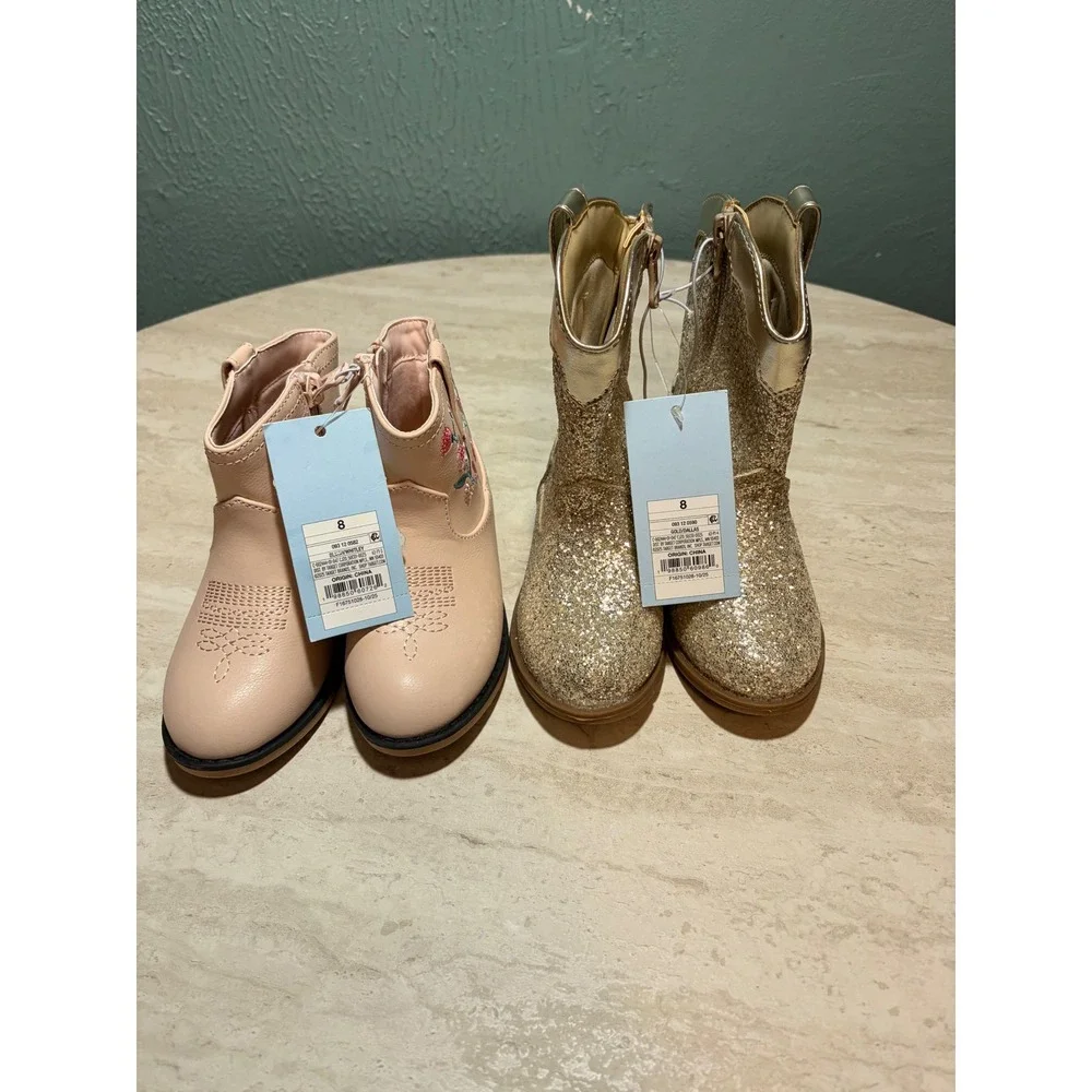 Cat & Jack Toddler Girls Western Boots Lot 2 Whitley Blush Pink Dallas Gold Sz 8